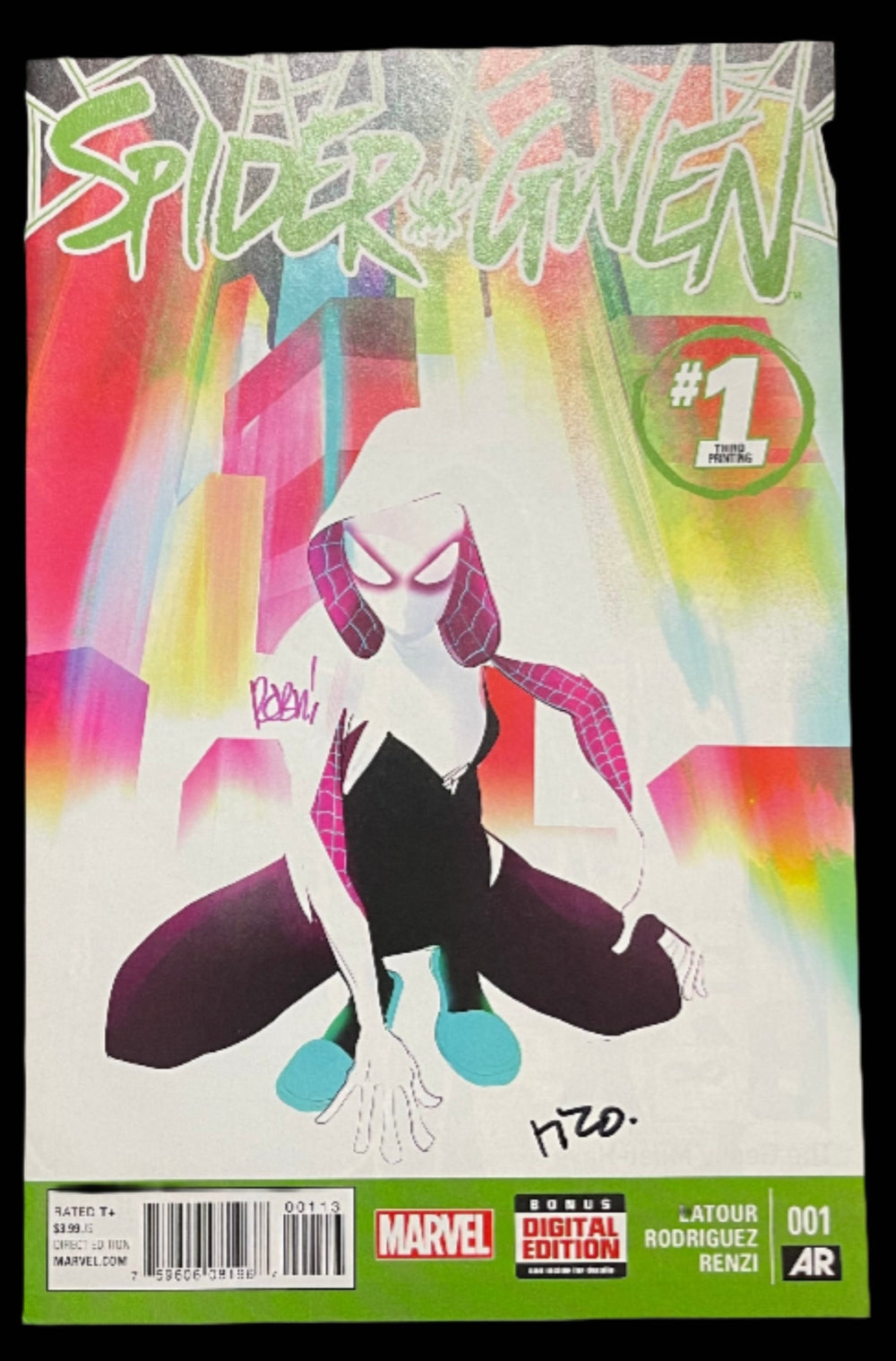 MARVEL COMICS SPIDER-GWEN ISSUE #1 VOL #1 (3RD PRINT / GREEN VARIANT) (SIGNED BY RICO RENZI & ROBBI RODRIGUEZ) (NO COA)  (AUG 2015)