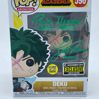 FUNKO POP! ANIMATION MY HERO ACADEMIA: DEKU #596 (FULL COWL) (AUTOGRAPHED/SIGNED BY JUSTIN BRINER) (JSA COA) (CUSTOM ARTWORK) (GLOW) (ENTERTAINMENT EARTH EXCLUSIVE STICKER)