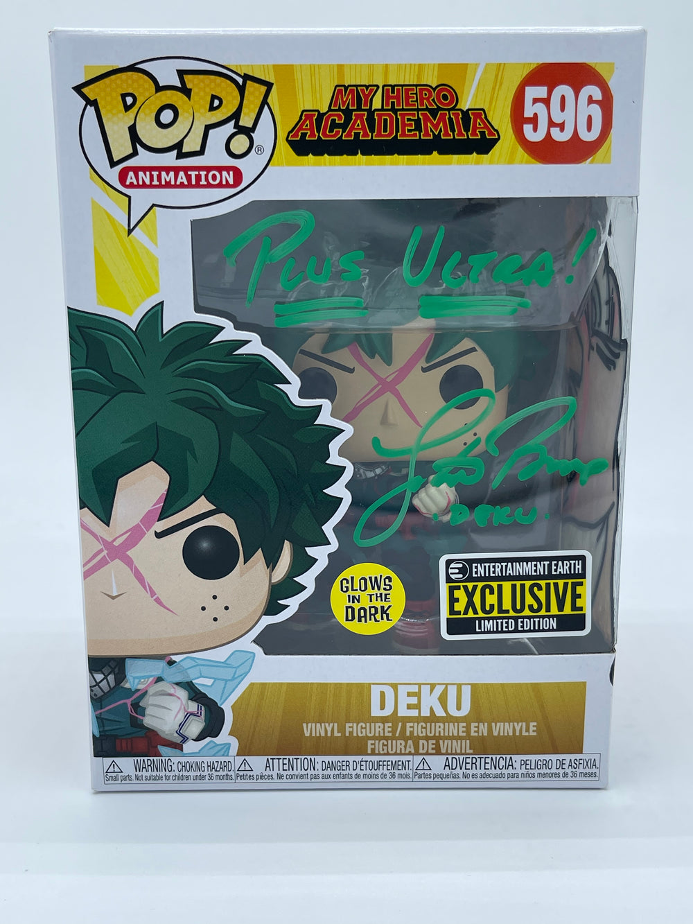 FUNKO POP! ANIMATION MY HERO ACADEMIA: DEKU #596 (FULL COWL) (AUTOGRAPHED/SIGNED BY JUSTIN BRINER) (JSA COA) (CUSTOM ARTWORK) (GLOW) (ENTERTAINMENT EARTH EXCLUSIVE STICKER)