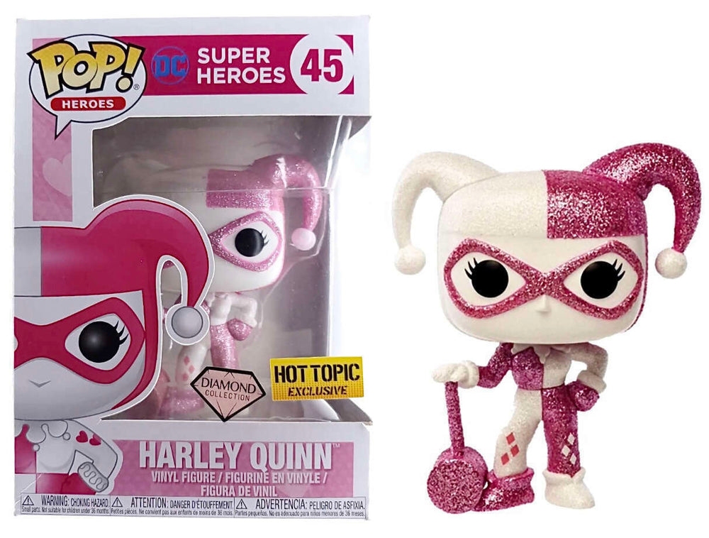 FUNKO POP! DC HEROES PINK HEARTS HARLEY QUINN #45 (DIAMOND / GLITTER) (HOT TOPIC EXCLUSIVE STICKER)