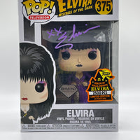 FUNKO POP! TELEVISION MISTRESS OF THE DARK: ELVIRA #375 (LE 2500) (DIAMOND/PURPLE DRESS) (AUTOGRAPHED/SIGNED BY CASSANDRA PETERSON) (JSA COA) (2019 SPOOKY EMPIRE EXCLUSIVE STICKER)